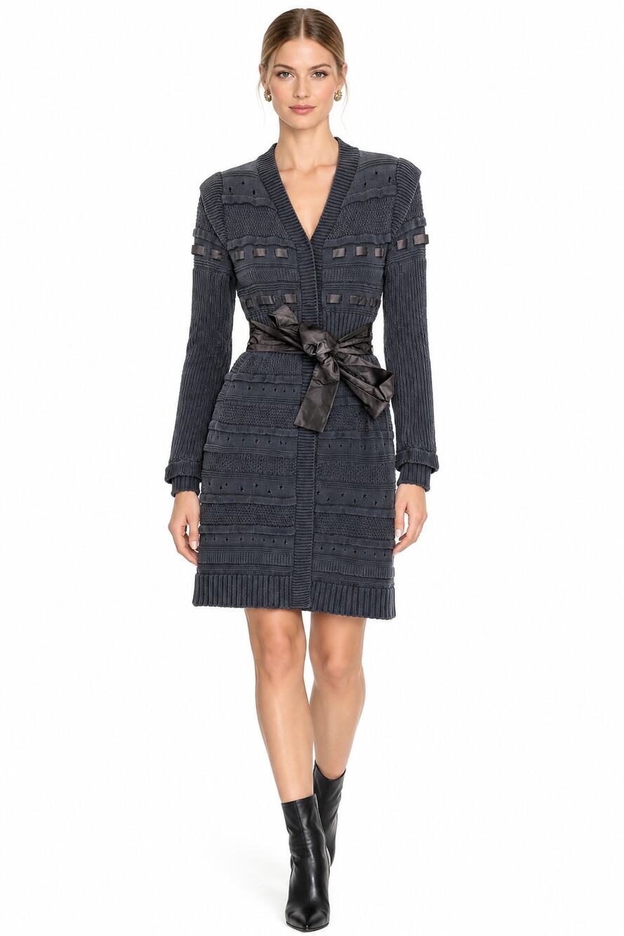 RED Valentino Navy Blue Cable Knit Cotton Sweater Dress Silk Ribbon Tie Medium